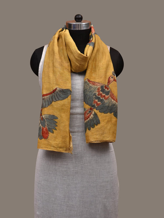 Yellow Kalamkari Hand Painted Cotton Stole with Birds Design ds2932
