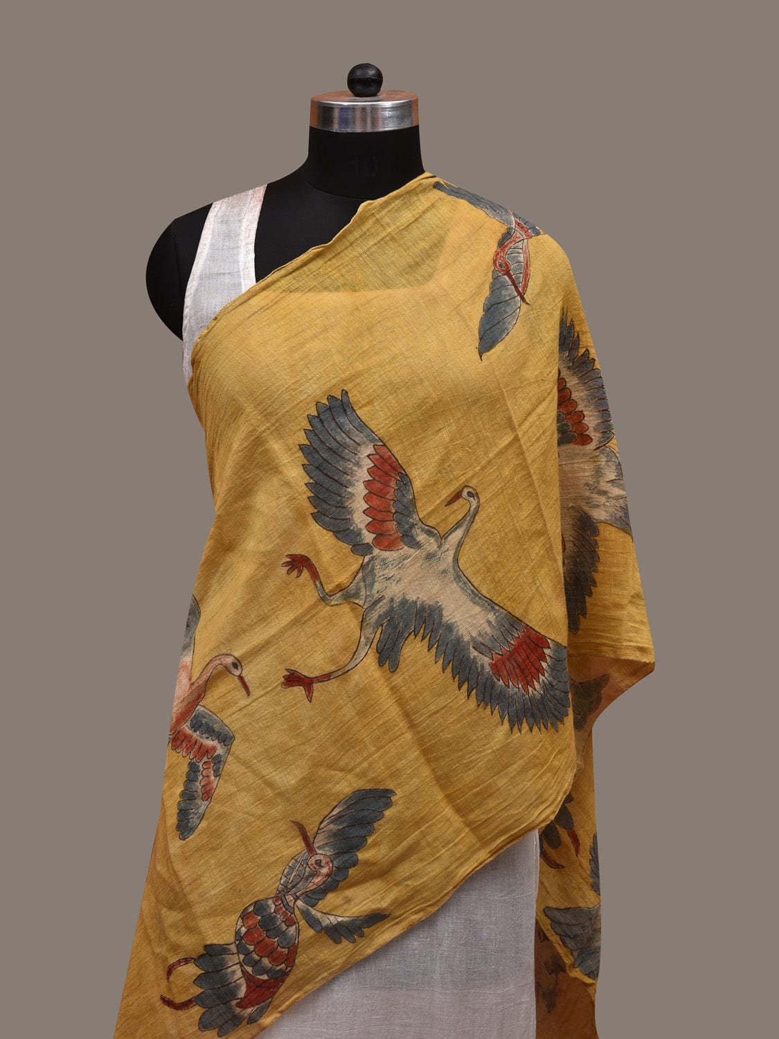 Yellow Kalamkari Hand Painted Cotton Stole with Birds Design ds2932