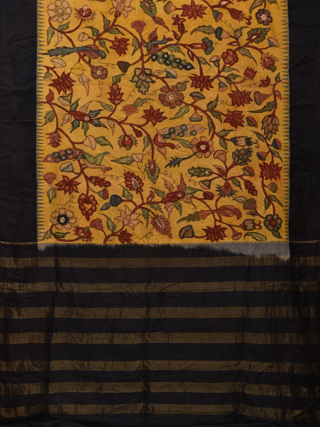 Yellow Kalamkari Hand Painted Gadwal Silk Handloom Saree with Floral Design KL0688