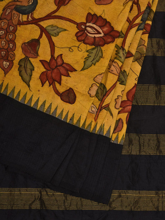 Yellow Kalamkari Hand Painted Gadwal Silk Handloom Saree with Floral Design KL0688