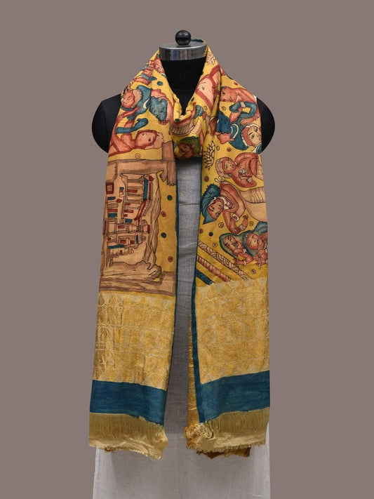 Yellow Kalamkari Hand Painted Kanchipuram Silk Handloom Dupatta with Ajanta Painting Design ds2495