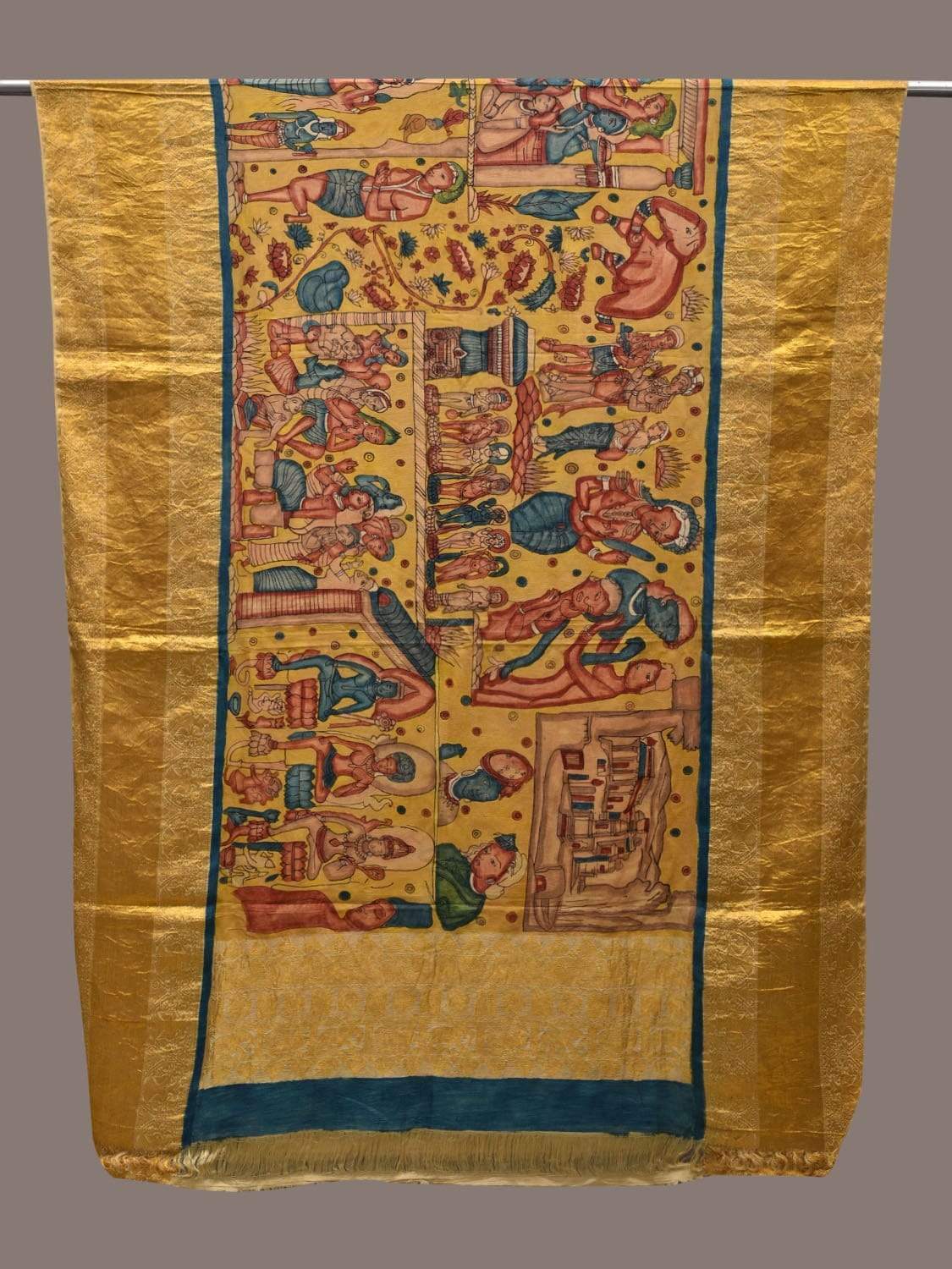 Yellow Kalamkari Hand Painted Kanchipuram Silk Handloom Dupatta with Ajanta Painting Design ds2495