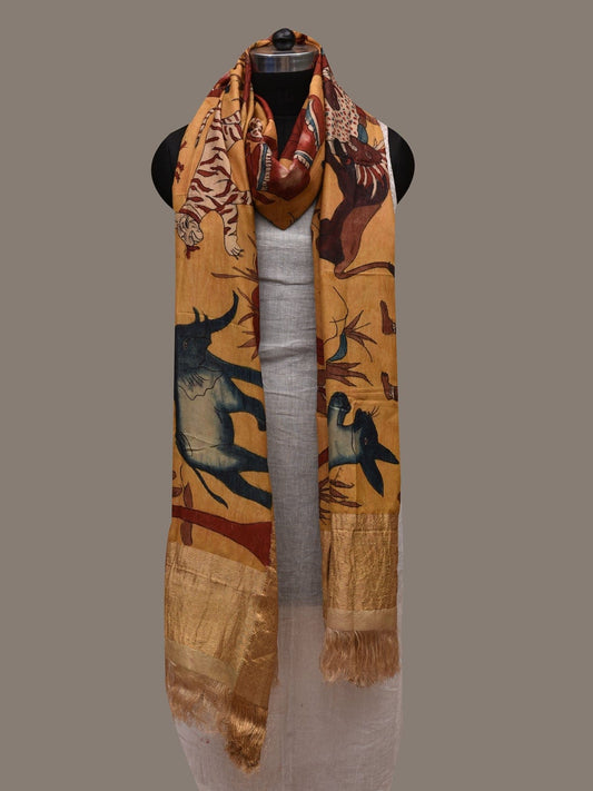 Yellow Kalamkari Hand Painted Kanchipuram Silk Handloom Dupatta with Animals and Hunters Design ds2637