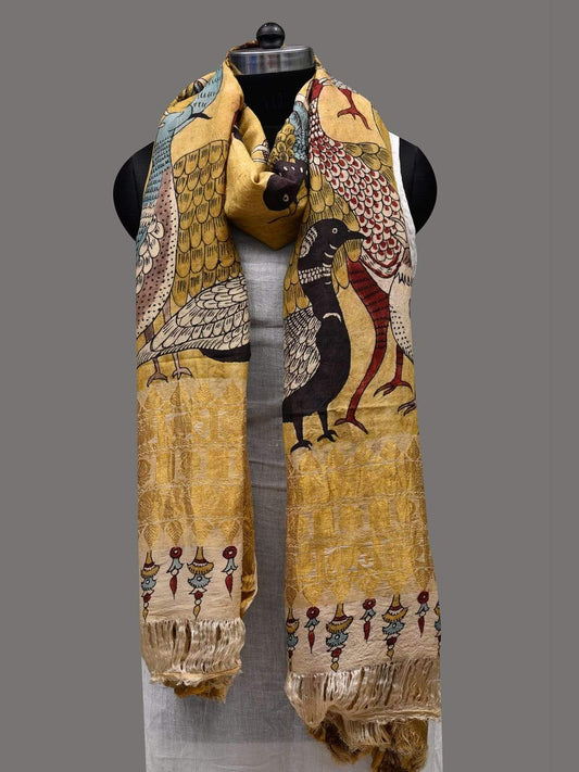 Yellow Kalamkari Hand Painted Kanchipuram Silk Handloom Dupatta with Birds Design ds2398