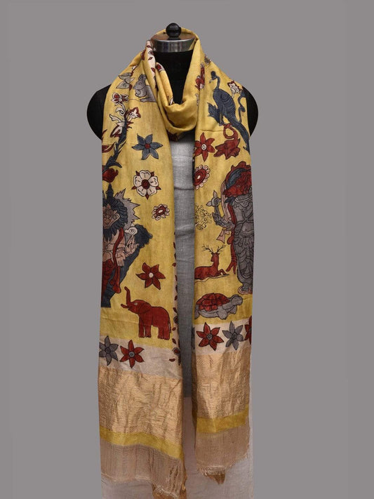 Yellow Kalamkari Hand Painted Kanchipuram Silk Handloom Dupatta with Dashavatar Design ds2594
