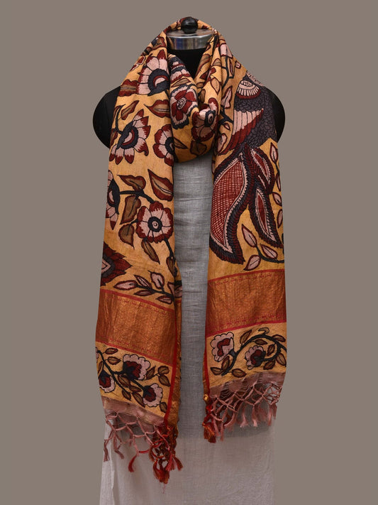 Yellow Kalamkari Hand Painted Kanchipuram Silk Handloom Dupatta with Floral and Peacocks Design ds2750