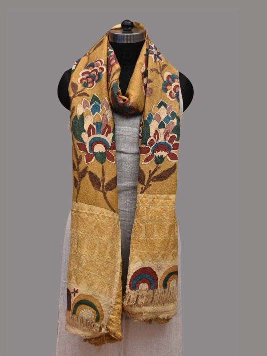 Yellow Kalamkari Hand Painted Kanchipuram Silk Handloom Dupatta with Floral Design ds2583