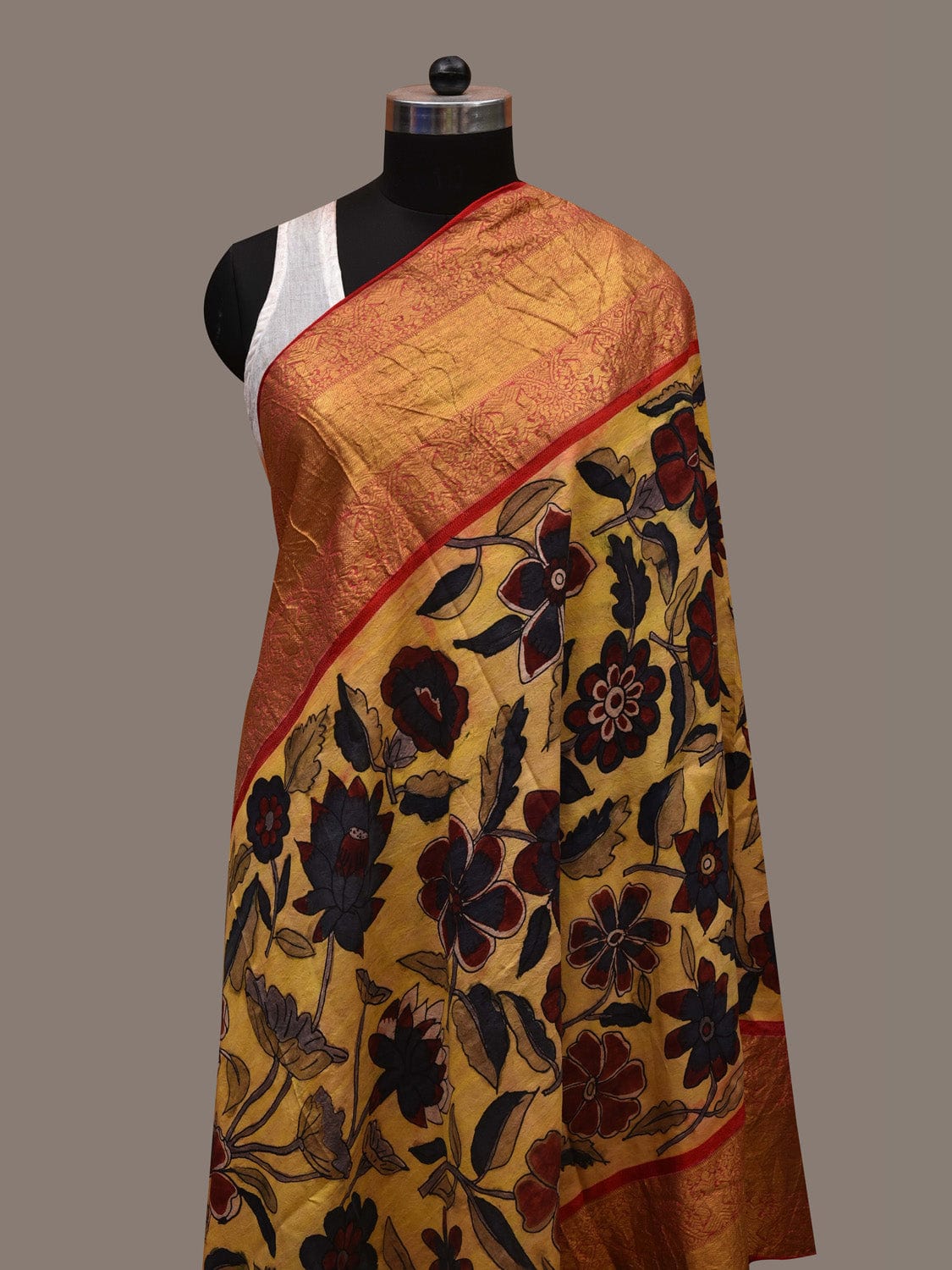 Yellow Kalamkari Hand Painted Kanchipuram Silk Handloom Dupatta with Floral Design ds2749