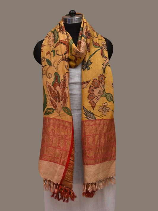 Yellow Kalamkari Hand Painted Kanchipuram Silk Handloom Dupatta with Floral Design ds2973