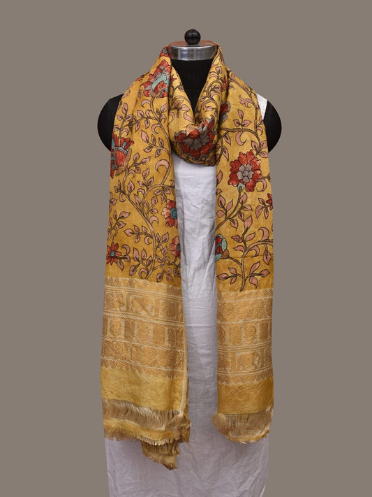 Yellow Kalamkari Hand Painted Kanchipuram Silk Handloom Dupatta with Floral Design ds3084