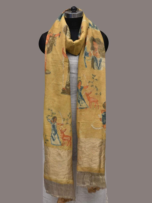 Yellow Kalamkari Hand Painted Kanchipuram Silk Handloom Dupatta with Greek Design ds2558