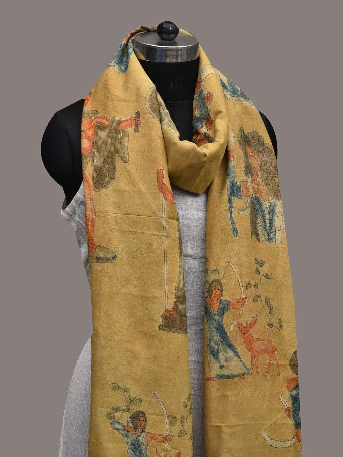 Yellow Kalamkari Hand Painted Kanchipuram Silk Handloom Dupatta with Greek Design ds2558