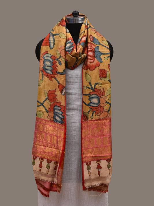 Yellow Kalamkari Hand Painted Kanchipuram Silk Handloom Dupatta with Lotus Flowers Design ds2833