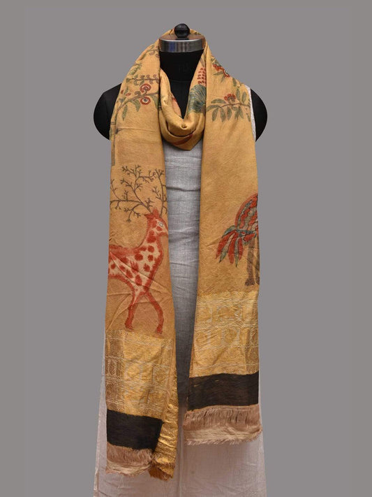 Yellow Kalamkari Hand Painted Kanchipuram Silk Handloom Dupatta with Trees and Birds Design ds2581
