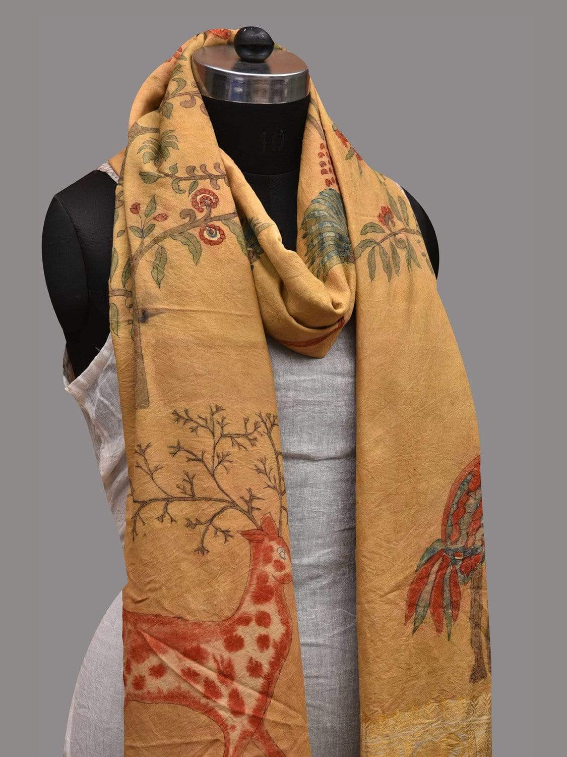 Yellow Kalamkari Hand Painted Kanchipuram Silk Handloom Dupatta with Trees and Birds Design ds2581