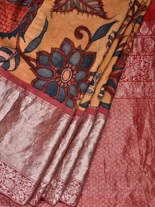 Yellow Kalamkari Hand Painted Kanchipuram Silk Handloom Saree Floral Design KL0483