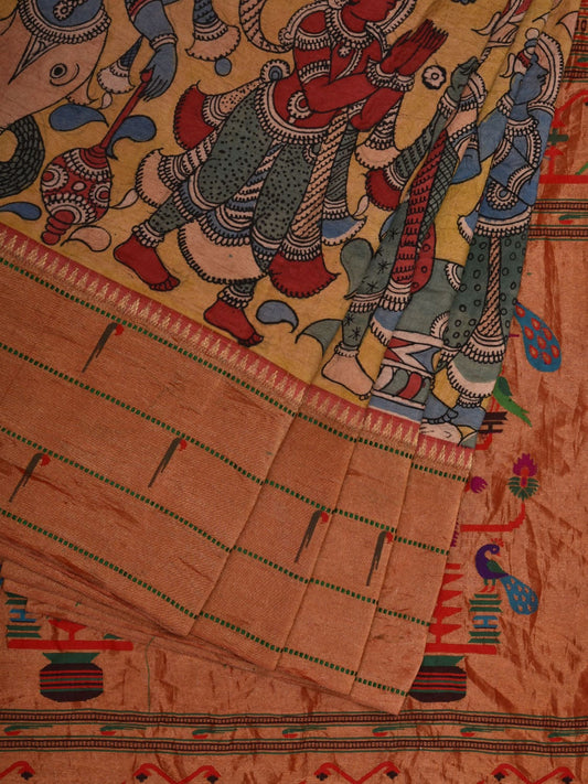 Yellow Kalamkari Hand Painted Kanchipuram Silk Handloom Saree with Dashavatar and Triple Muniya Design KL0638