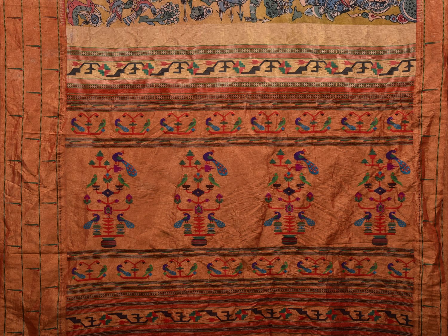Yellow Kalamkari Hand Painted Kanchipuram Silk Handloom Saree with Dashavatar and Triple Muniya Design KL0638