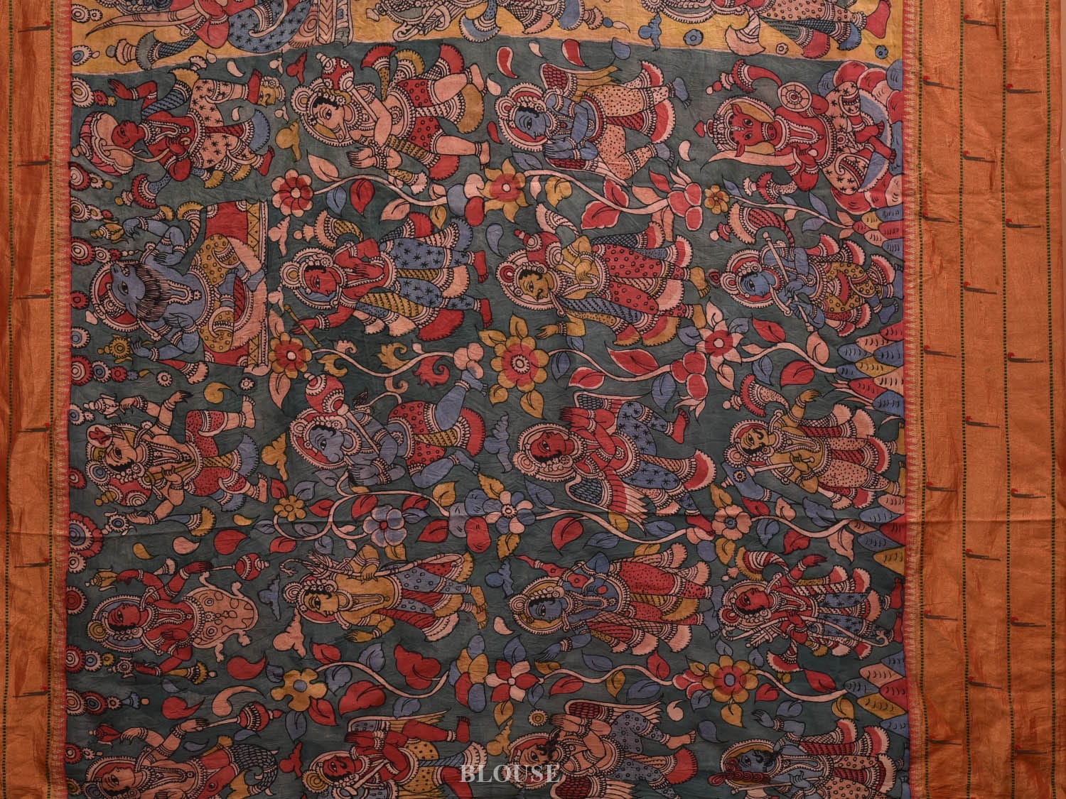 Yellow Kalamkari Hand Painted Kanchipuram Silk Handloom Saree with Dashavatar and Triple Muniya Design KL0638