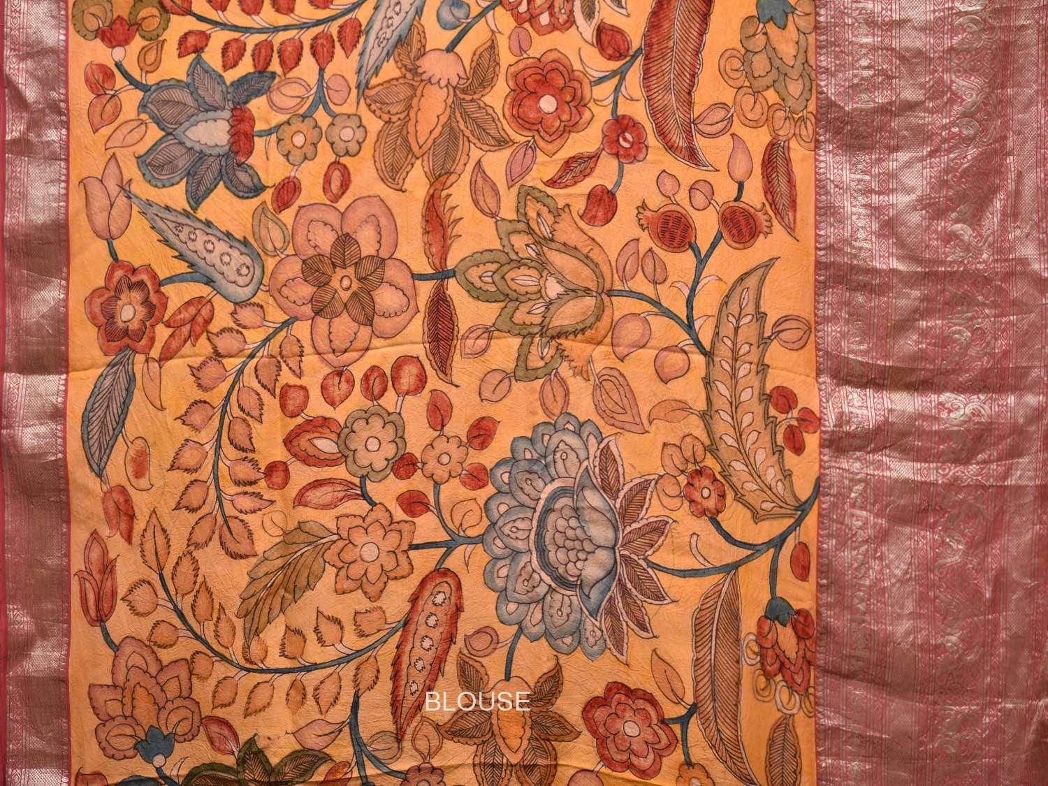 Yellow Kalamkari Hand Painted Kanchipuram Silk Handloom Saree with Exotic Flowers Design KL0433
