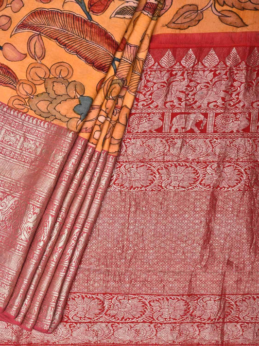 Yellow Kalamkari Hand Painted Kanchipuram Silk Handloom Saree with Exotic Flowers Design KL0433