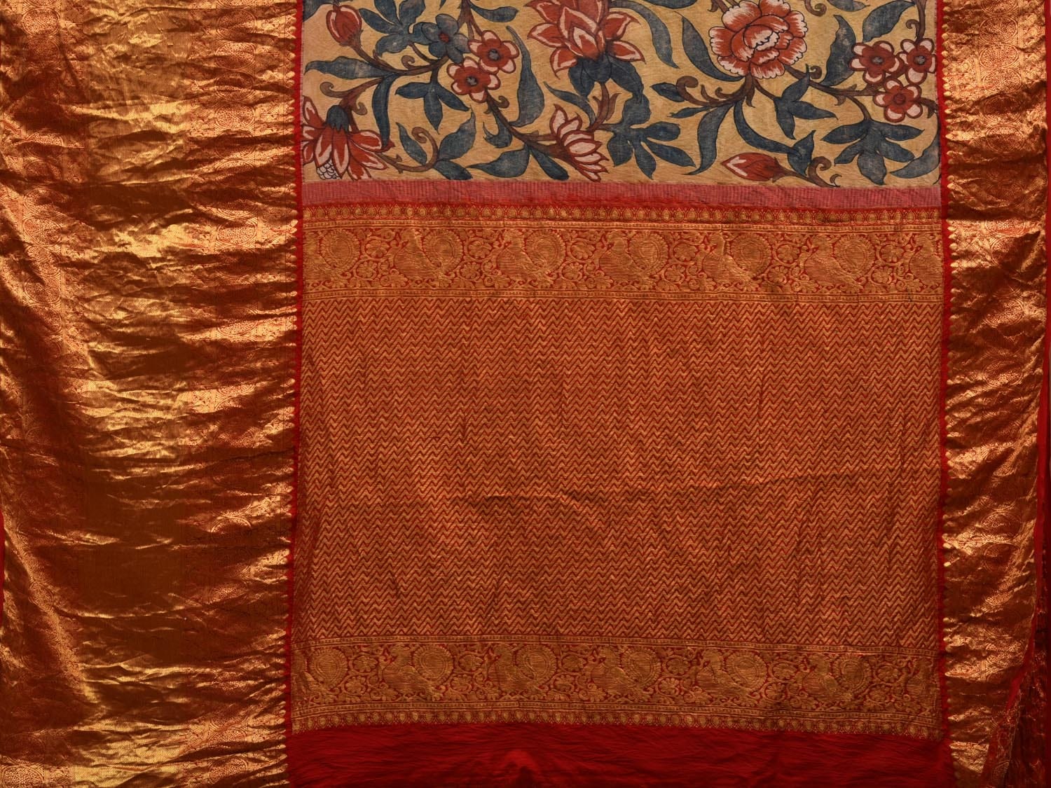 Yellow Kalamkari Hand Painted Kanchipuram Silk Handloom Saree with Floral Design KL0594