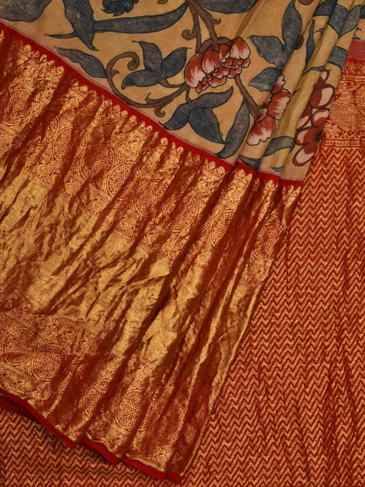 Yellow Kalamkari Hand Painted Kanchipuram Silk Handloom Saree with Floral Design KL0594