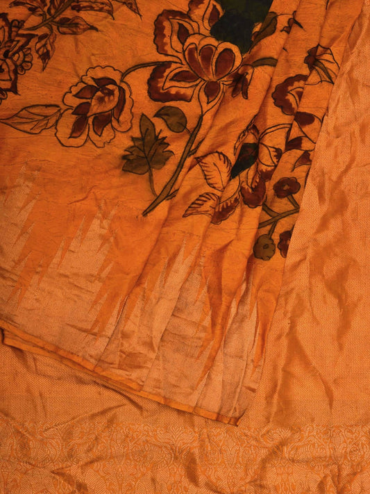 Yellow Kalamkari Hand Painted Kanchipuram Silk Handloom Saree with Floral Design KL0656