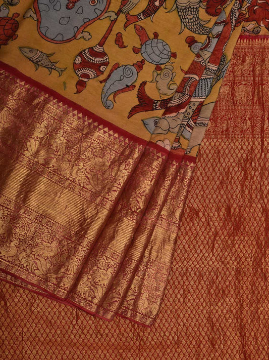 Yellow Kalamkari Hand Painted Kanchipuram Silk Handloom Saree with Mythological Design KL0555