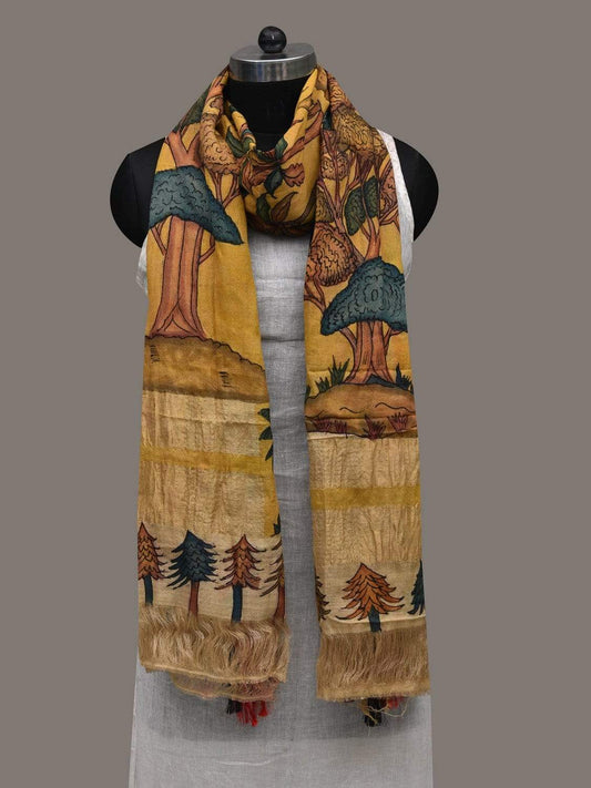 Yellow Kalamkari Hand Painted Khadi Tussar Handloom Dupatta with Animals and Trees Design ds2520
