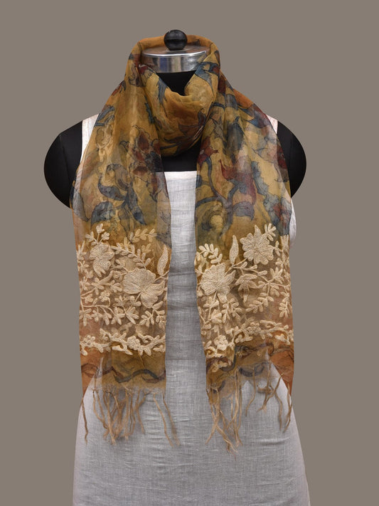 Yellow Kalamkari Hand Painted Organza Silk Stole with Floral and Embroidary Design ds2891