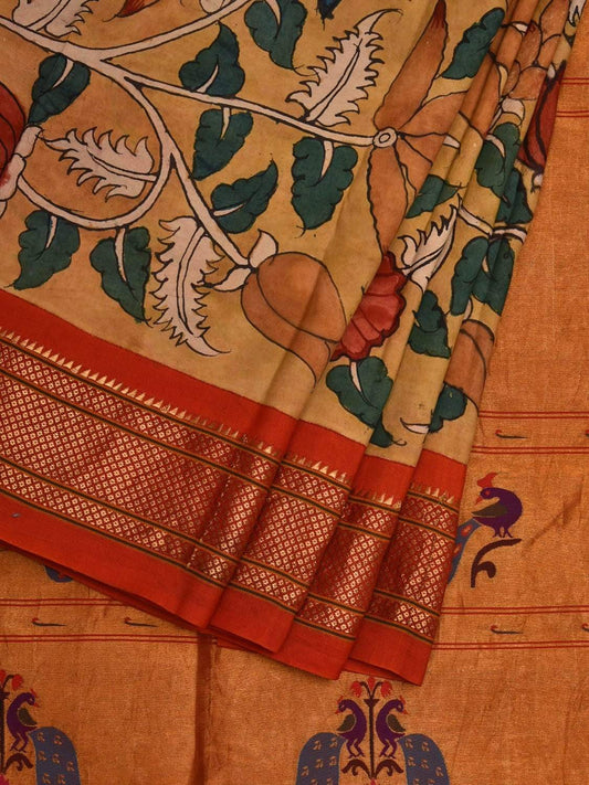Yellow Kalamkari Hand Painted Paithani Silk Handloom Saree with Floral Design KL0575