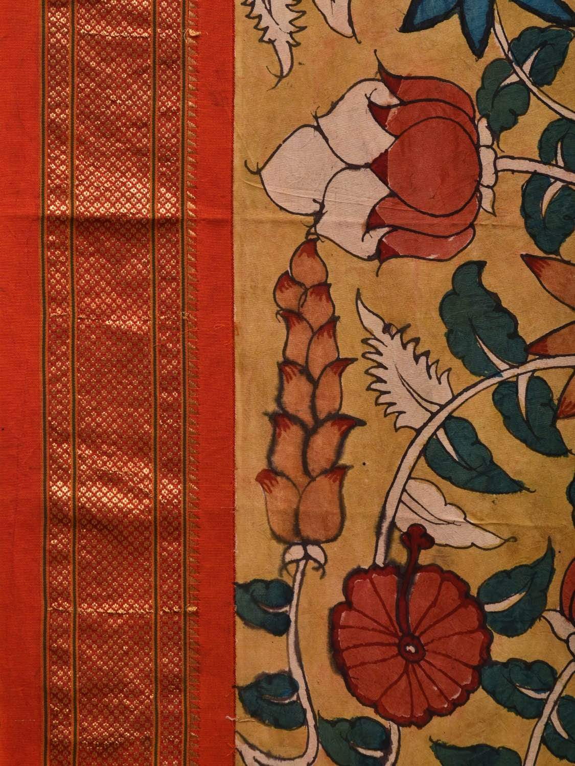 Yellow Kalamkari Hand Painted Paithani Silk Handloom Saree with Floral Design KL0575