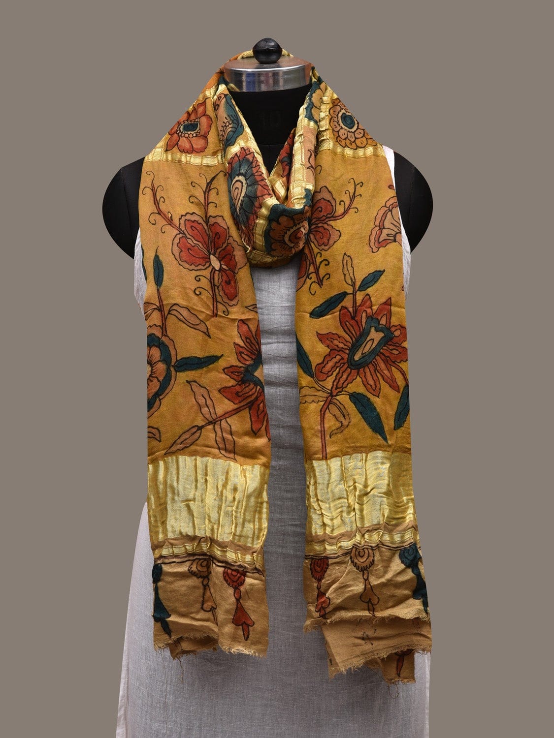 Yellow Kalamkari Hand Painted Satin Silk Handloom Dupatta with Checks and Floral Design ds2647