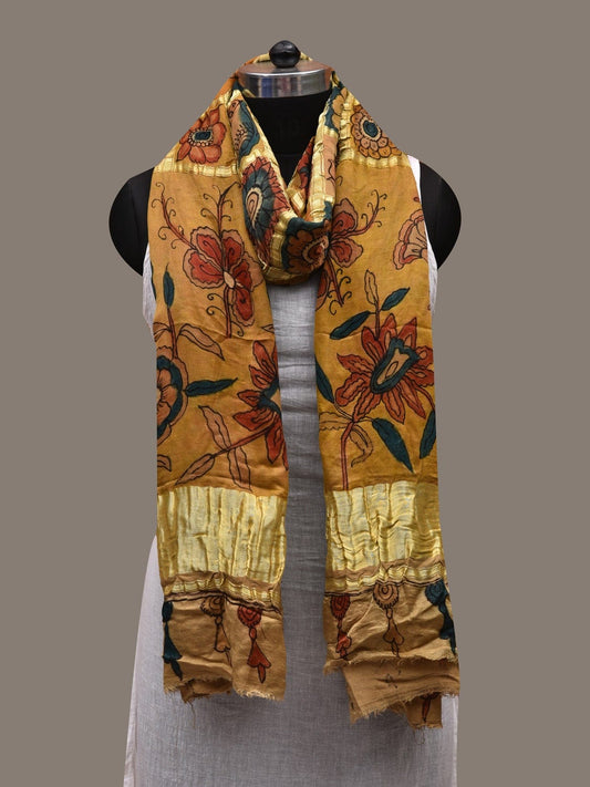 Yellow Kalamkari Hand Painted Satin Silk Handloom Dupatta with Checks and Floral Design ds2647