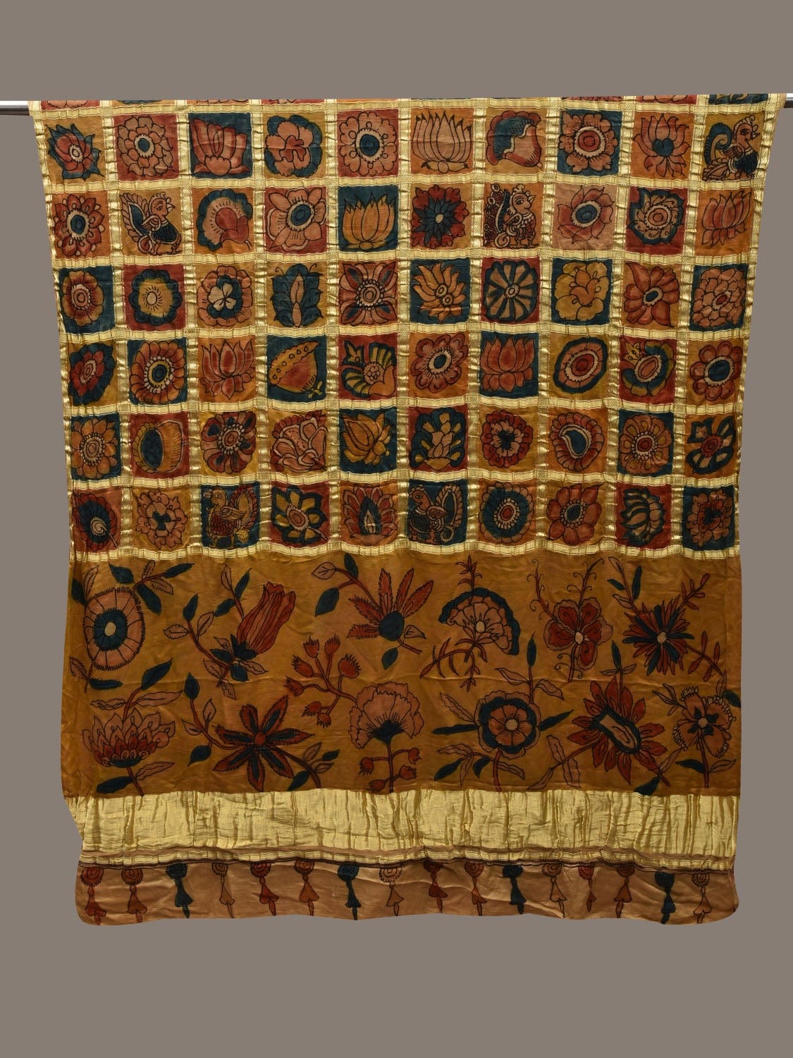 Yellow Kalamkari Hand Painted Satin Silk Handloom Dupatta with Checks and Floral Design ds2647