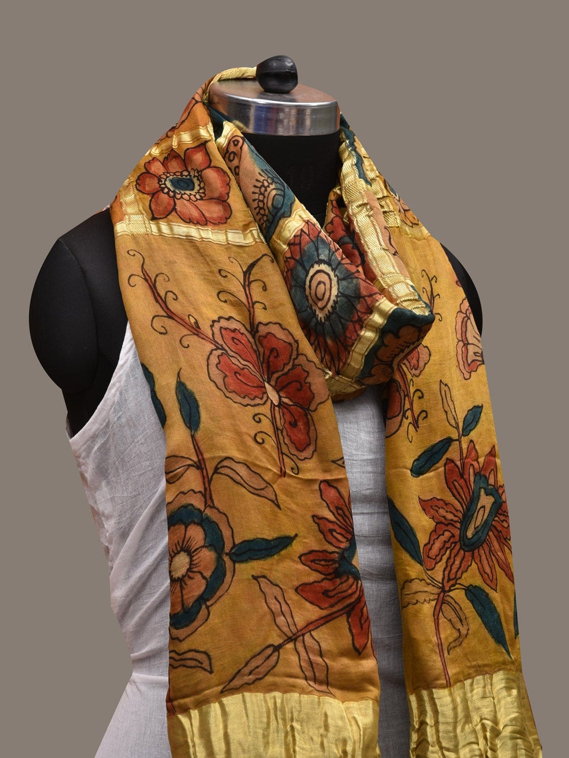 Yellow Kalamkari Hand Painted Satin Silk Handloom Dupatta with Checks and Floral Design ds2647