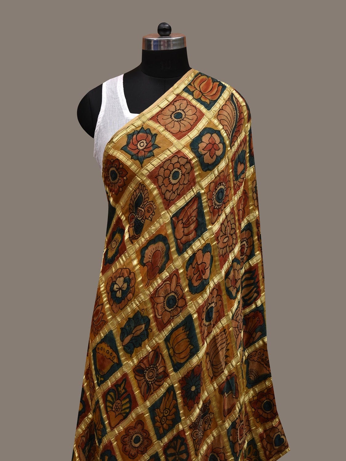 Yellow Kalamkari Hand Painted Satin Silk Handloom Dupatta with Checks and Floral Design ds2647