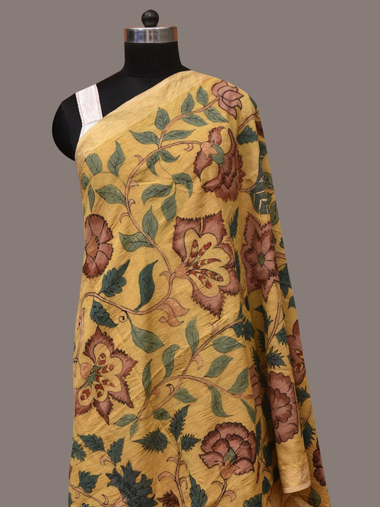 Yellow Kalamkari Hand Painted Sico Dupatta with Floral Design ds3448