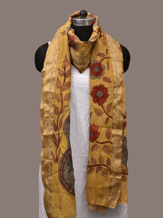Yellow Kalamkari Hand Painted Sico Handloom Dupatta with Floral and Peacocks Design ds3165