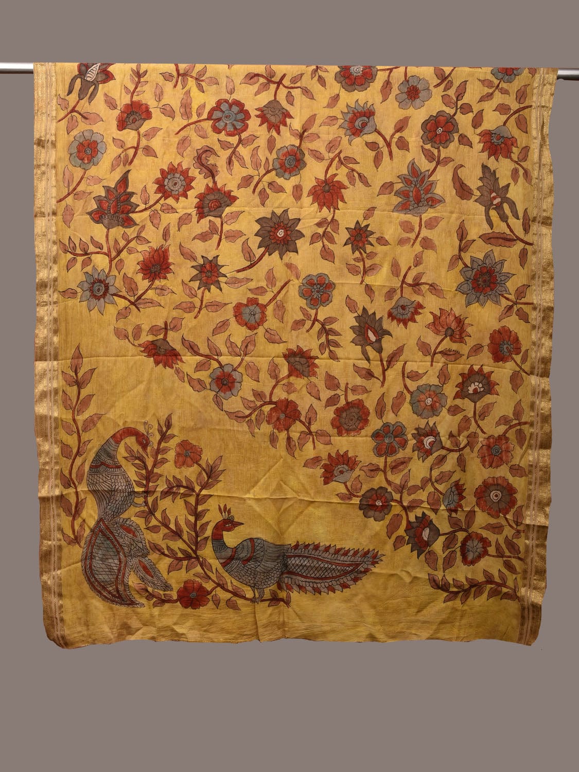 Yellow Kalamkari Hand Painted Sico Handloom Dupatta with Floral and Peacocks Design ds3165
