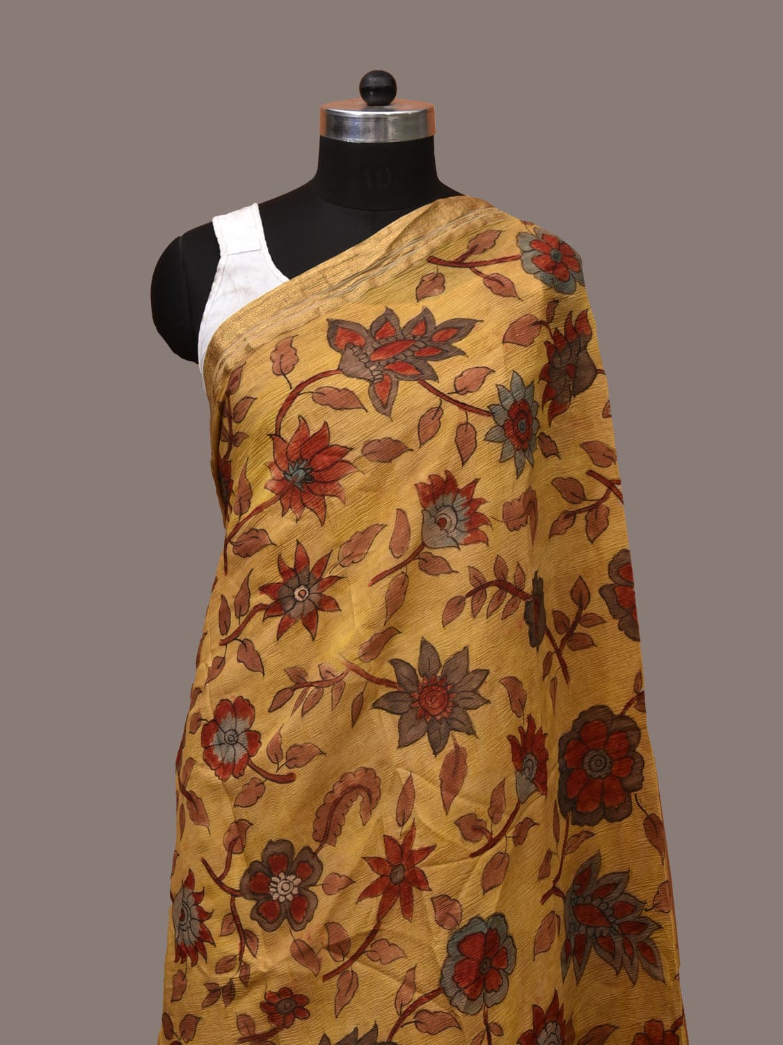 Yellow Kalamkari Hand Painted Sico Handloom Dupatta with Floral and Peacocks Design ds3165
