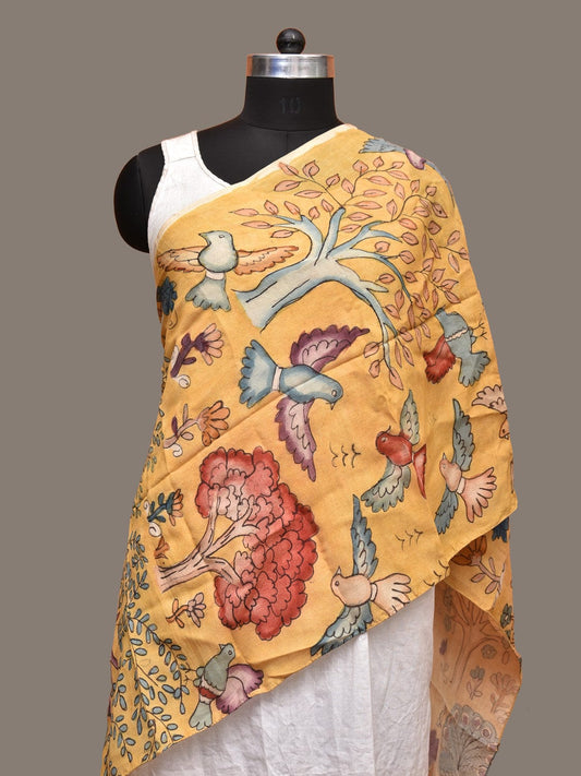 Yellow Kalamkari Hand Painted Sico Stole with Animals and Trees Design ds3265