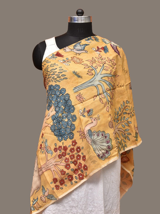 Yellow Kalamkari Hand Painted Sico Stole with Animals and Trees Design ds3267