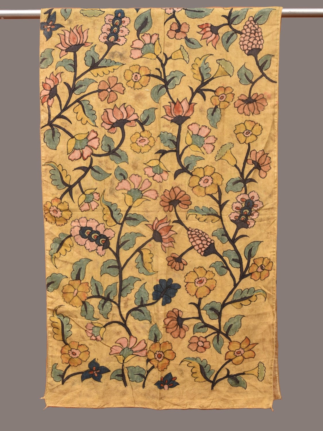 Yellow Kalamkari Hand Painted Sico Stole with Floral Design ds3307