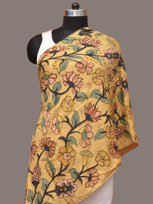 Yellow Kalamkari Hand Painted Sico Stole with Floral Design ds3307