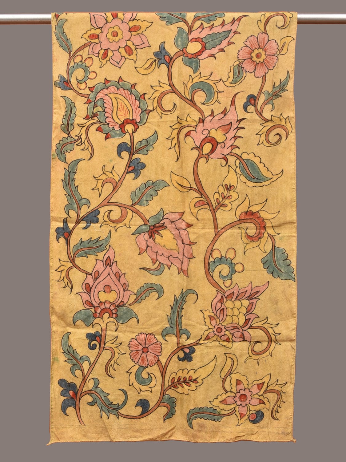 Yellow Kalamkari Hand Painted Sico Stole with Floral Design ds3311