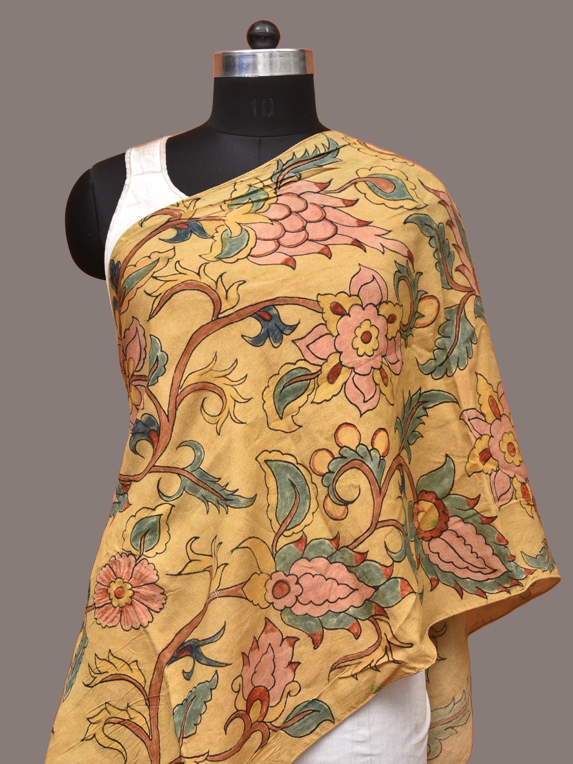 Yellow Kalamkari Hand Painted Sico Stole with Floral Design ds3311
