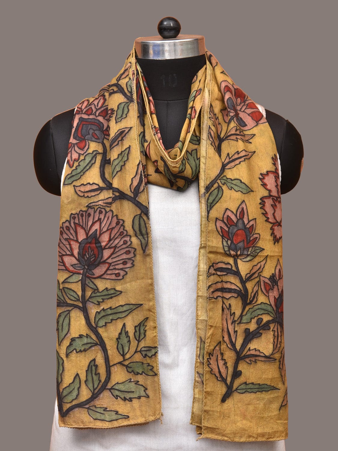 Yellow Kalamkari Hand Painted Sico Stole with Floral Design ds3313