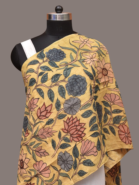 Yellow Kalamkari Hand Painted Sico Stole with Floral Design ds3399